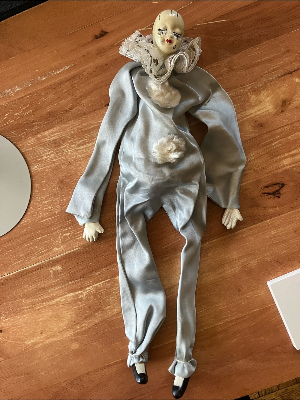 Vintage Porcelain-Head Clown Doll in Pale Blue Satin